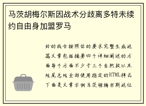马茨胡梅尔斯因战术分歧离多特未续约自由身加盟罗马